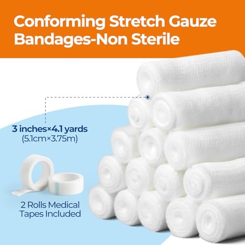K Kingstar Mullbinden 3 Zoll x 4,1 Yards, 24 Rollen Konformierende Stretch-Gaze-Bandage, einzeln verpackt inklusive medizinischem Klebeband
