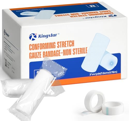 K Kingstar Mullbinden 3 Zoll x 4,1 Yards, 24 Rollen Konformierende Stretch-Gaze-Bandage, einzeln verpackt inklusive medizinischem Klebeband