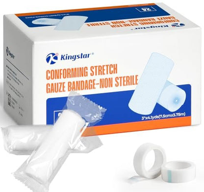 K Kingstar Mullbinden 3 Zoll x 4,1 Yards, 24 Rollen Konformierende Stretch-Gaze-Bandage, einzeln verpackt inklusive medizinischem Klebeband