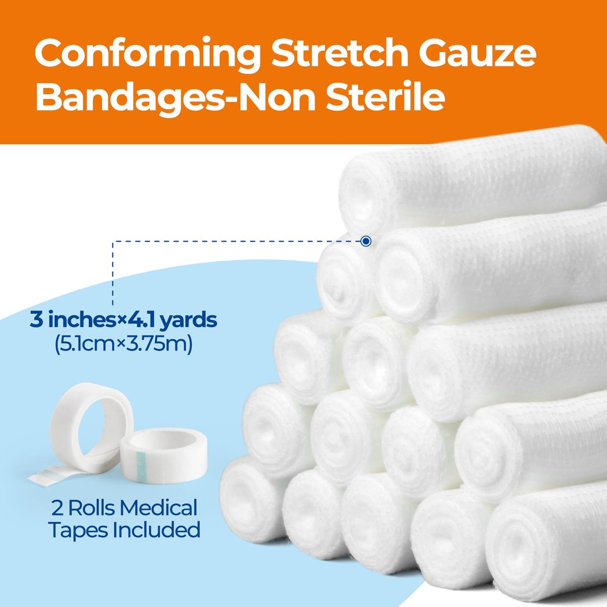 K Kingstar Mullbinden 3 Zoll x 4,1 Yards, 24 Rollen Konformierende Stretch-Gaze-Bandage, einzeln verpackt inklusive medizinischem Klebeband