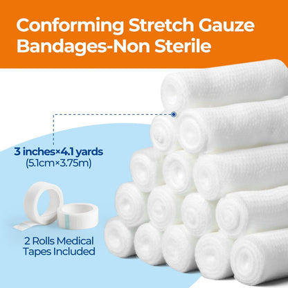 K Kingstar Mullbinden 3 Zoll x 4,1 Yards, 24 Rollen Konformierende Stretch-Gaze-Bandage, einzeln verpackt inklusive medizinischem Klebeband