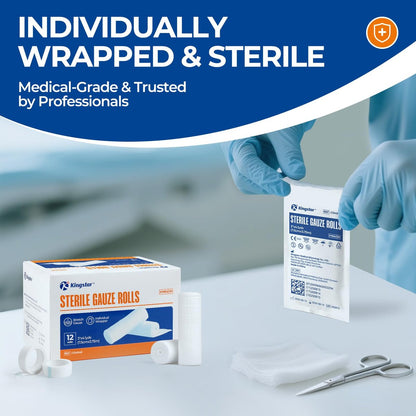 Sterile Mullbinden, 3 Zoll x 4,1 Yards, Konformierende Stretch-Gaze-Bandage, Packung mit 12, Fester Halt für Wundauflagen und Schienen, Latexfreie Erste-Hilfe-Versorgung einzeln verpackt mit Bonus-Tape