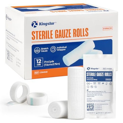 Sterile Mullbinden, 3 Zoll x 4,1 Yards, Konformierende Stretch-Gaze-Bandage, Packung mit 12, Fester Halt für Wundauflagen und Schienen, Latexfreie Erste-Hilfe-Versorgung einzeln verpackt mit Bonus-Tape