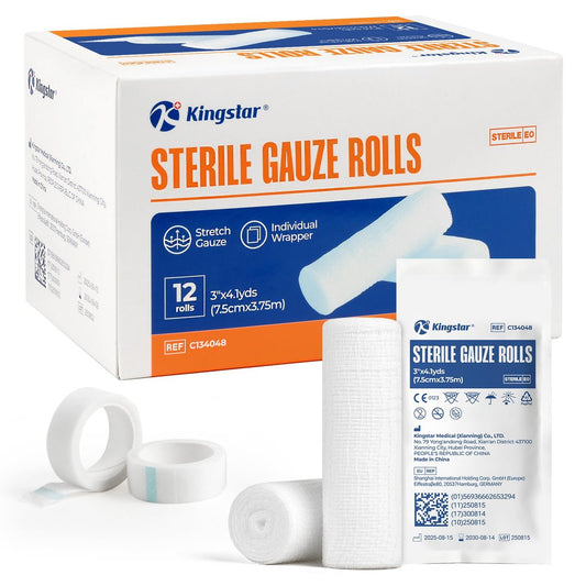 Sterile Mullbinden, 3 Zoll x 4,1 Yards, Konformierende Stretch-Gaze-Bandage, Packung mit 12, Fester Halt für Wundauflagen und Schienen, Latexfreie Erste-Hilfe-Versorgung einzeln verpackt mit Bonus-Tape