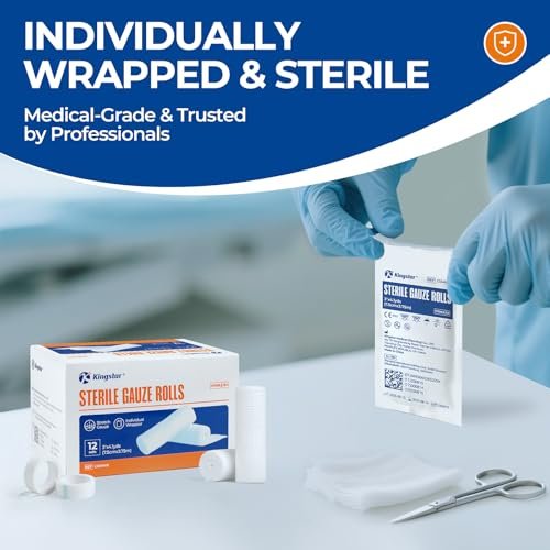 Sterile Mullbinden, 3 Zoll x 4,1 Yards, Konformierende Stretch-Gaze-Bandage, Packung mit 12, Fester Halt für Wundauflagen und Schienen, Latexfreie Erste-Hilfe-Versorgung einzeln verpackt mit Bonus-Tape
