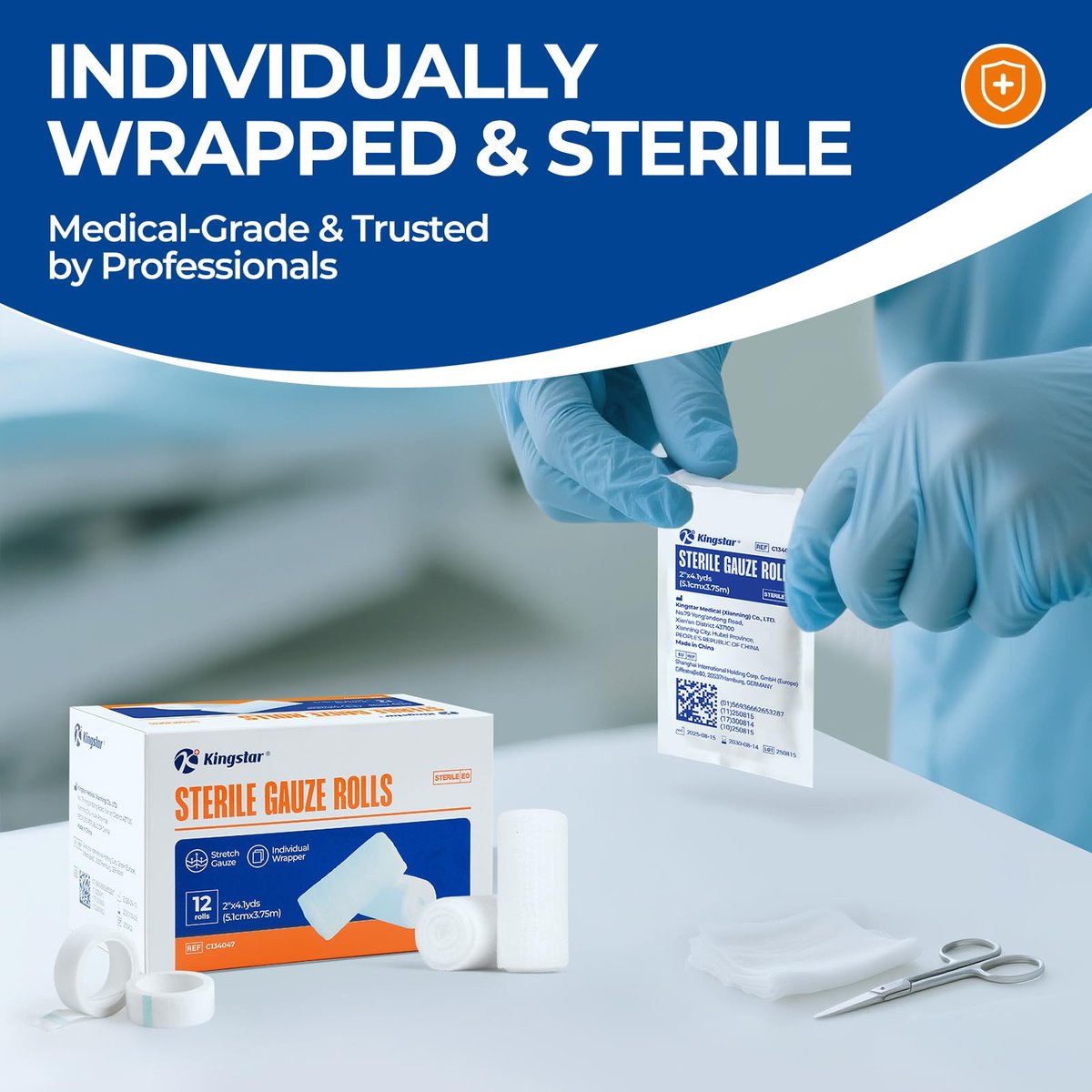 Sterile Mullbinden, 5 cm x 4,1 Yards, elastische Fixierbinde, Packung mit 12, fester Halt für Verbände und Schienen, latexfreie Erste-Hilfe-Versorgung einzeln verpackt mit Bonus-Tape