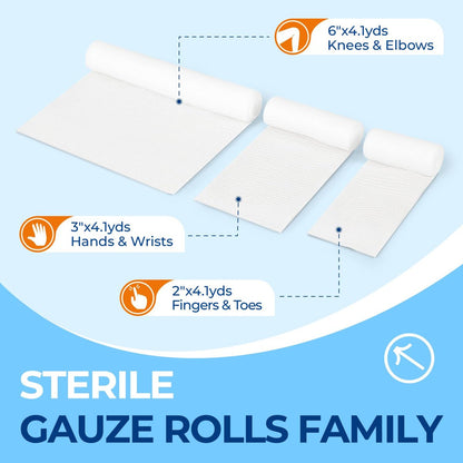 Sterile Mullbinden, 5 cm x 4,1 Yards, elastische Fixierbinde, Packung mit 12, fester Halt für Verbände und Schienen, latexfreie Erste-Hilfe-Versorgung einzeln verpackt mit Bonus-Tape