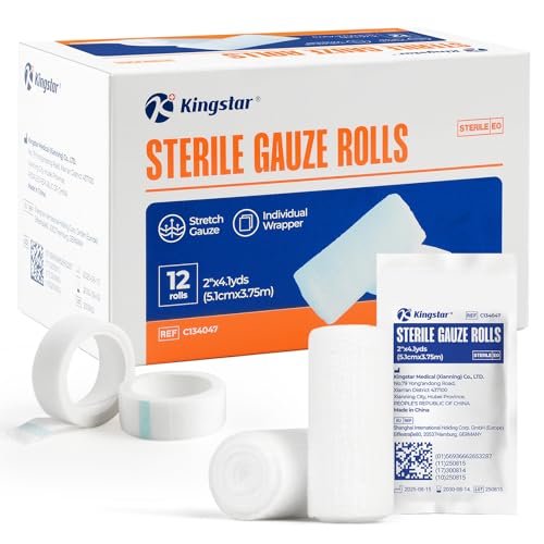 Sterile Mullbinden, 5 cm x 4,1 Yards, elastische Fixierbinde, Packung mit 12, fester Halt für Verbände und Schienen, latexfreie Erste-Hilfe-Versorgung einzeln verpackt mit Bonus-Tape