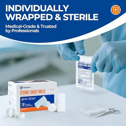 Sterile Mullbinden, 5 cm x 4,1 Yards, elastische Fixierbinde, Packung mit 12, fester Halt für Verbände und Schienen, latexfreie Erste-Hilfe-Versorgung einzeln verpackt mit Bonus-Tape