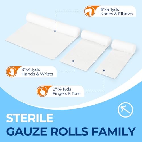 Sterile Mullbinden, 5 cm x 4,1 Yards, elastische Fixierbinde, Packung mit 12, fester Halt für Verbände und Schienen, latexfreie Erste-Hilfe-Versorgung einzeln verpackt mit Bonus-Tape