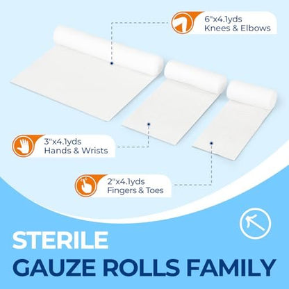Sterile Mullbinden, 5 cm x 4,1 Yards, elastische Fixierbinde, Packung mit 12, fester Halt für Verbände und Schienen, latexfreie Erste-Hilfe-Versorgung einzeln verpackt mit Bonus-Tape