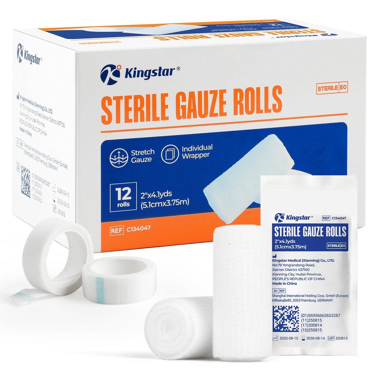 Sterile Mullbinden, 5 cm x 4,1 Yards, elastische Fixierbinde, Packung mit 12, fester Halt für Verbände und Schienen, latexfreie Erste-Hilfe-Versorgung einzeln verpackt mit Bonus-Tape