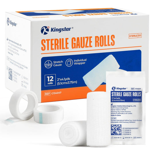 Sterile Mullbinden, 5 cm x 4,1 Yards, elastische Fixierbinde, Packung mit 12, fester Halt für Verbände und Schienen, latexfreie Erste-Hilfe-Versorgung einzeln verpackt mit Bonus-Tape