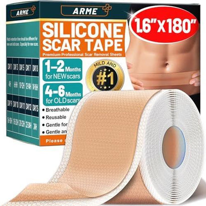 Arme Silikon-Narbenband, Silikon-Narbenpflaster für Operationsnarben (1,6" x 180" Rolle - 4,6 m), medizinisches Silikon-Narbenband wiederverwendbar für Narbenbehandlung, weiches Narbenband für Kaiserschnitt, Keloid, Bauchdeckenstraffung