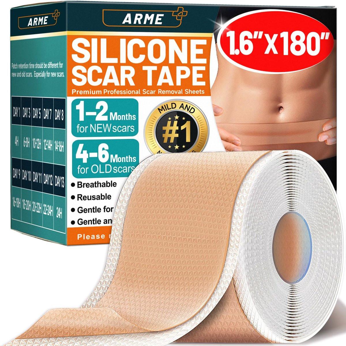 Arme Silikon-Narbenband, Silikon-Narbenpflaster für Operationsnarben (1,6" x 180" Rolle - 4,6 m), medizinisches Silikon-Narbenband wiederverwendbar für Narbenbehandlung, weiches Narbenband für Kaiserschnitt, Keloid, Bauchdeckenstraffung