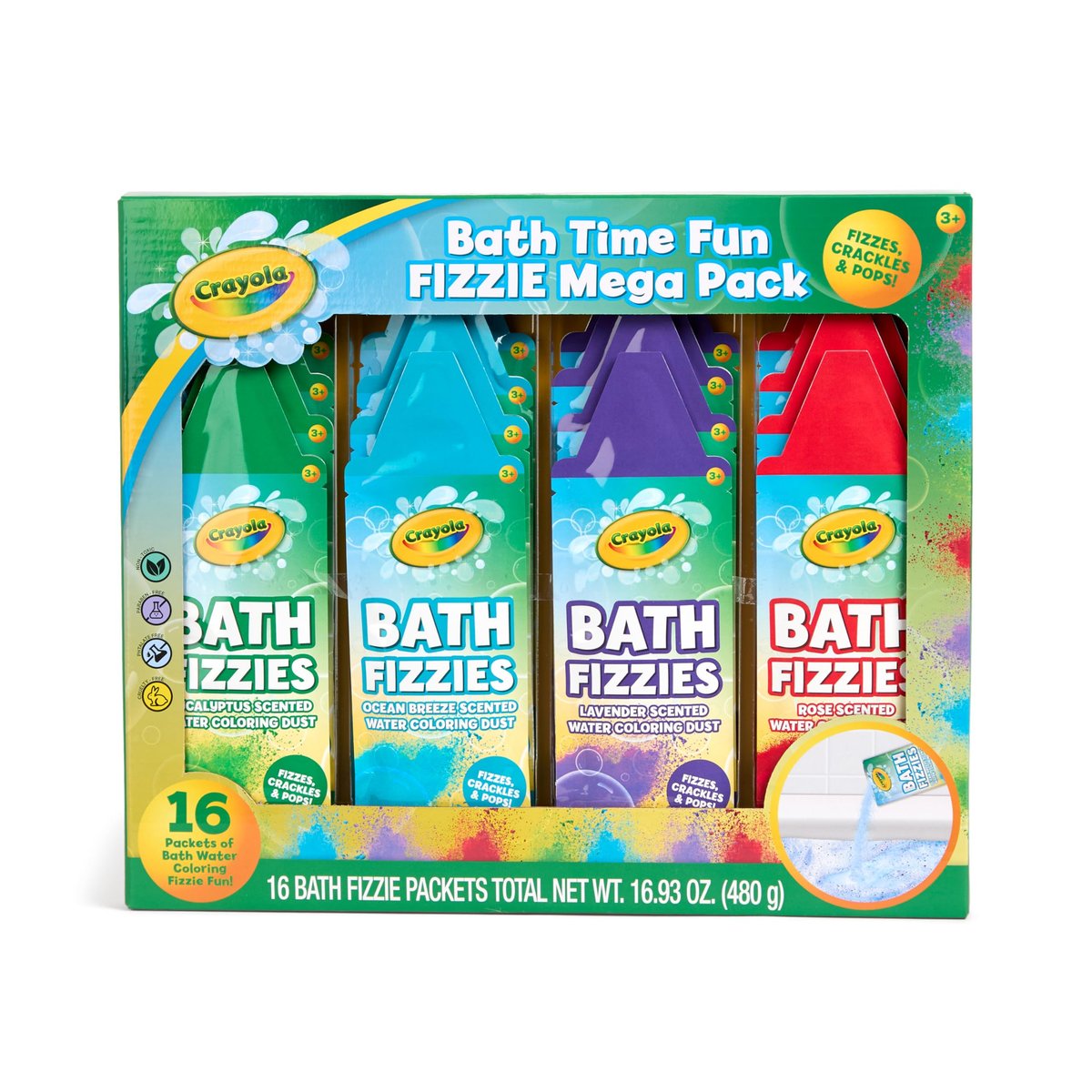 Crayola Bade-Fizzies 16er Deluxe-Pack – Erfrischende duftende bunte Badebomben für Jungen, Mädchen & Tweens, 16 Fizzies in 4 verschiedenen Düften & Farben