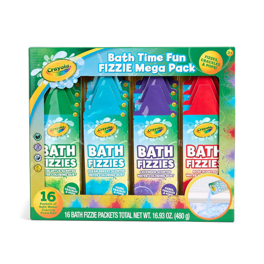 Crayola Bade-Fizzies 16er Deluxe-Pack – Erfrischende duftende bunte Badebomben für Jungen, Mädchen & Tweens, 16 Fizzies in 4 verschiedenen Düften & Farben
