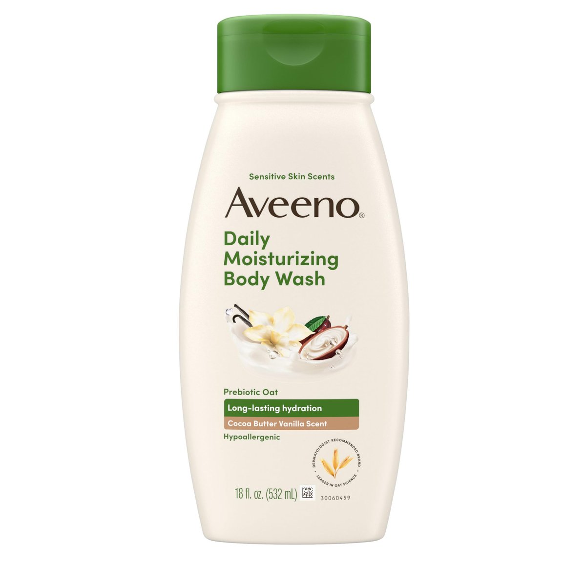 Aveeno Daily Moisturizing Body Wash mit Kakao-Butter-Vanilleduft & beruhigendem Präbiotikum-Hafer – Lang anhaltende Feuchtigkeitspflege für empfindliche Haut, hypoallergen, parabenfrei, 532 ml