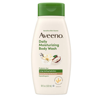 Aveeno Daily Moisturizing Body Wash mit Kakao-Butter-Vanilleduft & beruhigendem Präbiotikum-Hafer – Lang anhaltende Feuchtigkeitspflege für empfindliche Haut, hypoallergen, parabenfrei, 532 ml
