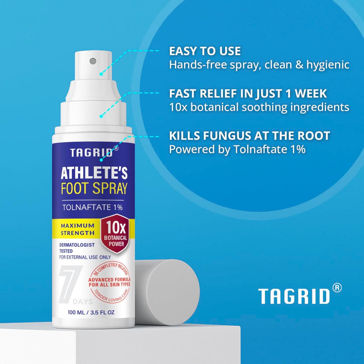 TAGRID Fußpilz Behandlung: Maximalstarkes Antimykotikum Spray gegen Fußpilz, Jock Itch und Ringelflechte – Anti-Juckreiz Spray für juckende Haut (100 ml)