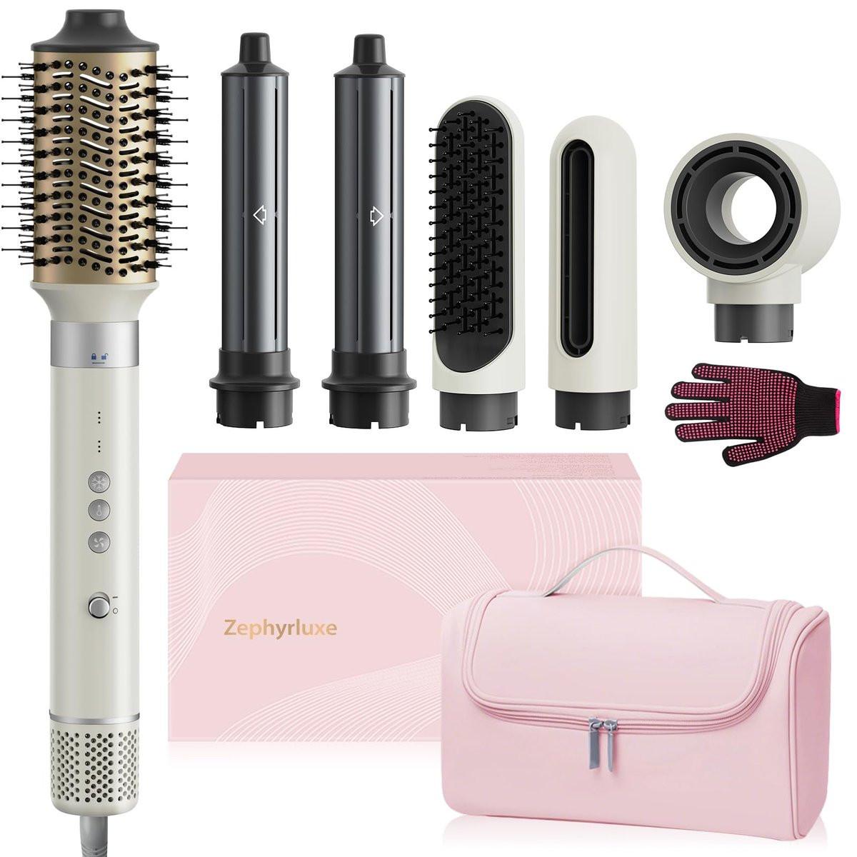 6-in-1 Haarstyler: Ionischer Haartrockner mit Auto-Wrap Lockenwickler, Bürste & Volumizer – Heißluftbürste für schnelles Trocknen, Locken, Glätten & Volumen inkl. Reiseetui (Perlweiß)
