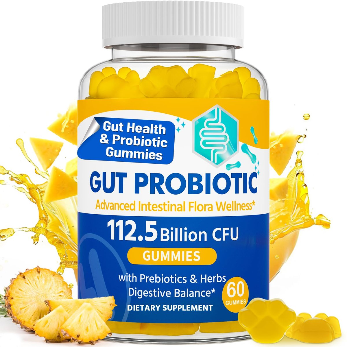 Darmgesundheit & Probiotische Gummibärchen, 112,5 Milliarden KBE, Zuckerfrei - 8 Stämme + Präbiotika + Kräuter - für Verdauung, Immunsystem, Durchfall & Blähungen - Darmgesundheit für Frauen & Männer, 60 Stück Probiotika Gummibärchen