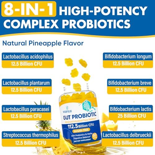 Darmgesundheit & Probiotische Gummibärchen, 112,5 Milliarden KBE, Zuckerfrei - 8 Stämme + Präbiotika + Kräuter - für Verdauung, Immunsystem, Durchfall & Blähungen - Darmgesundheit für Frauen & Männer, 60 Stück Probiotika Gummibärchen