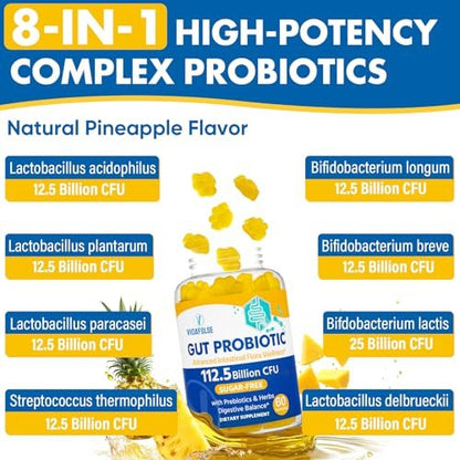 Darmgesundheit & Probiotische Gummibärchen, 112,5 Milliarden KBE, Zuckerfrei - 8 Stämme + Präbiotika + Kräuter - für Verdauung, Immunsystem, Durchfall & Blähungen - Darmgesundheit für Frauen & Männer, 60 Stück Probiotika Gummibärchen