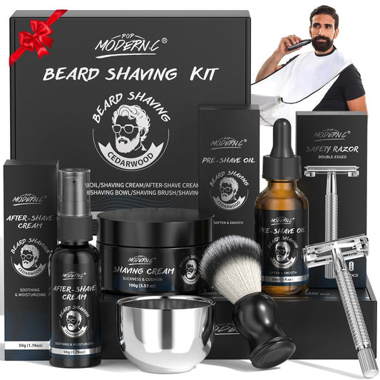8-teiliges Rasier-Set für Herren – Geschenkset zu Weihnachten, Geburtstag, Vatertag – mit Pre-Shave-Öl, Rasiercreme, Aftershave-Creme, 10 Klingen, Sicherheitsrasierer, Rasierschale, Rasierpinsel, Rasierlätzchen