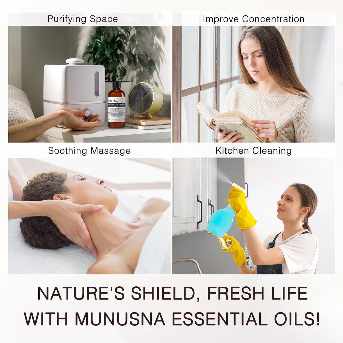 MUNUSNA Eukalyptus-Öl, 100 ml – 100% reines, natürliches Aromatherapie-Öl für Diffuser, Massage, Hautpflege, Seifen- und Kerzenherstellung