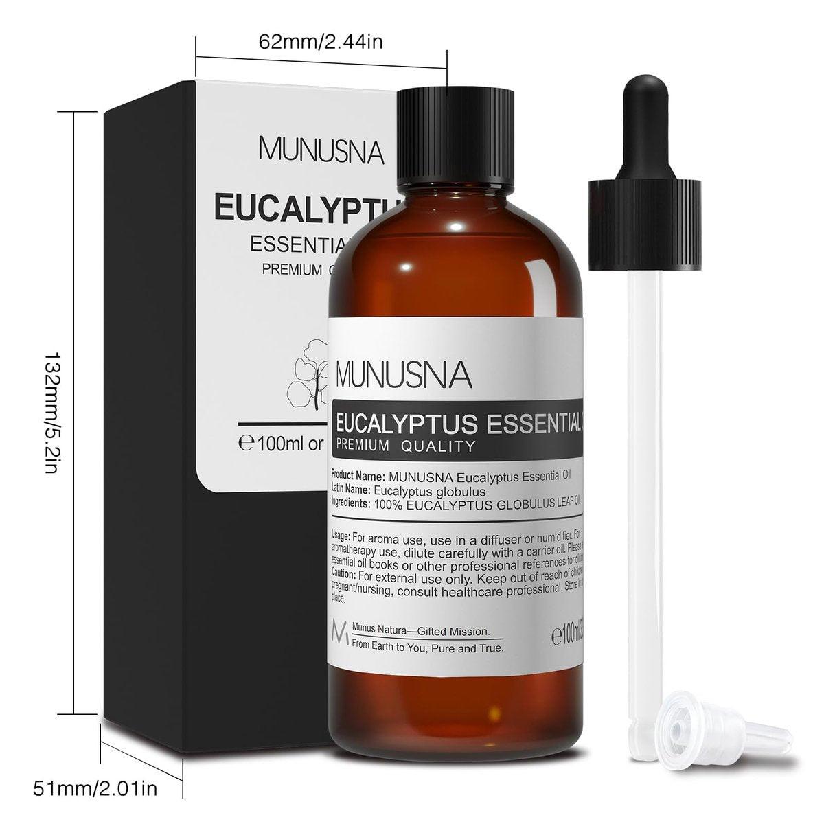 MUNUSNA Eukalyptus-Öl, 100 ml – 100% reines, natürliches Aromatherapie-Öl für Diffuser, Massage, Hautpflege, Seifen- und Kerzenherstellung