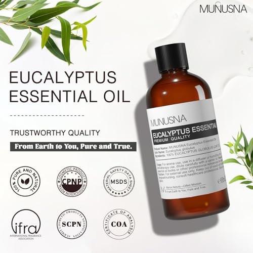 MUNUSNA Eukalyptus-Öl, 100 ml – 100% reines, natürliches Aromatherapie-Öl für Diffuser, Massage, Hautpflege, Seifen- und Kerzenherstellung