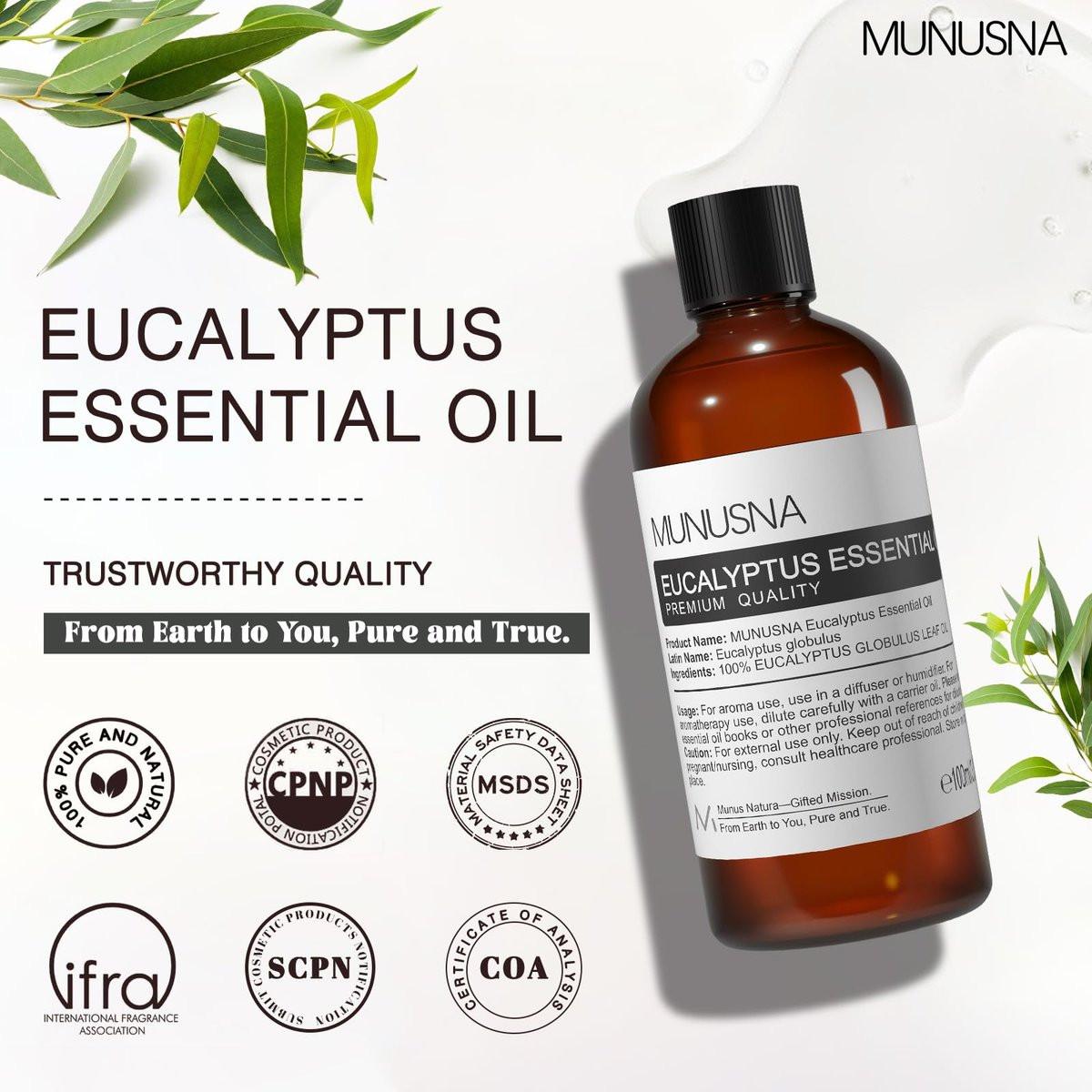 MUNUSNA Eukalyptus-Öl, 100 ml – 100% reines, natürliches Aromatherapie-Öl für Diffuser, Massage, Hautpflege, Seifen- und Kerzenherstellung