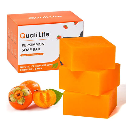 QualiLife 3er-Pack Kaki-Seife zur Körpergeruchskontrolle – Desodorierende & geruchsneutralisierende Seife gegen Altersgeruch, natürliche Deo-Seife mit Kaki, Bio-Körperseife für Frauen & Männer