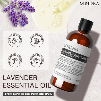 MUNUSNA Lavendel Ätherisches Öl, 100 ml – Reines & Natürliches Lavendelöl für Haare, Körper, Haut, Aromatherapie-Diffuser, Meditation, Massage, Kerzen, Seifen & Badebomben