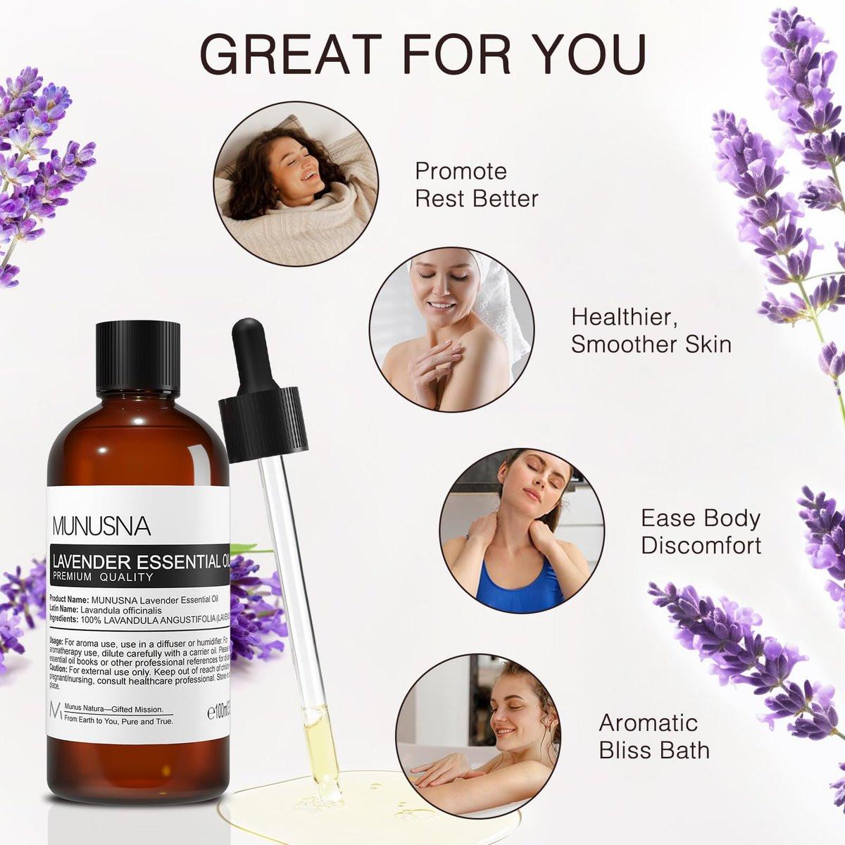 MUNUSNA Lavendel Ätherisches Öl, 100 ml – Reines & Natürliches Lavendelöl für Haare, Körper, Haut, Aromatherapie-Diffuser, Meditation, Massage, Kerzen, Seifen & Badebomben