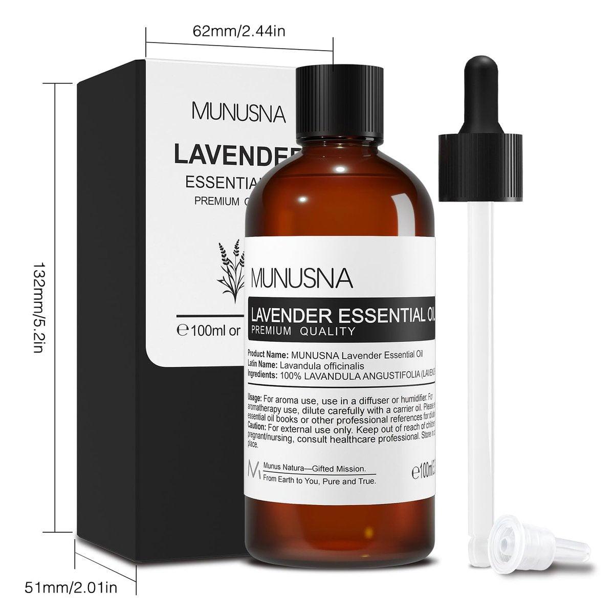 MUNUSNA Lavendel Ätherisches Öl, 100 ml – Reines & Natürliches Lavendelöl für Haare, Körper, Haut, Aromatherapie-Diffuser, Meditation, Massage, Kerzen, Seifen & Badebomben