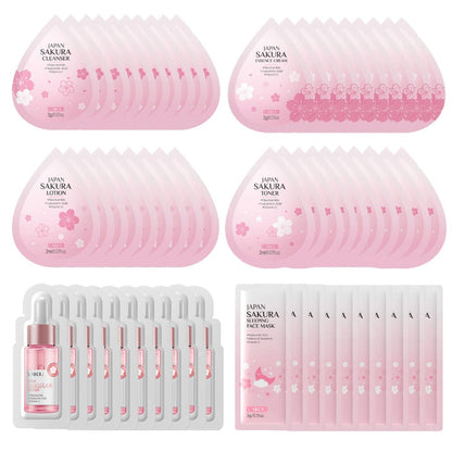 Sakura Reiseset für die Hautpflege, 60-teiliges Mini-Set mit Reiniger, Toner, Lotion, Serum, Creme und Schlafmaske