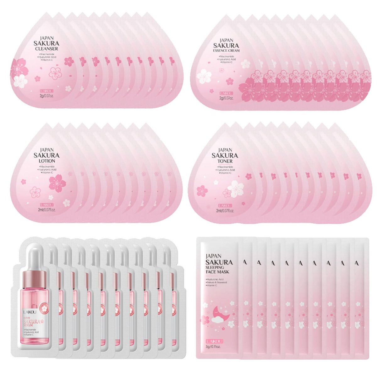 Sakura Reiseset für die Hautpflege, 60-teiliges Mini-Set mit Reiniger, Toner, Lotion, Serum, Creme und Schlafmaske