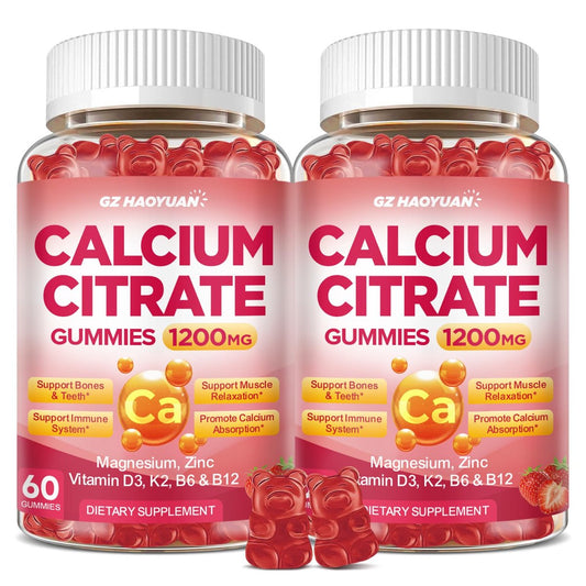 Calcium Citrate Gummies - 1200mg Calcium Gummies für Frauen und Männer mit Vitamin D3, K2, Magnesium, Zink - Hoch absorbierbar für Knochen-, Muskel- und Immununterstützung, Erdbeergeschmack, 120 Stück