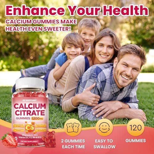 Calcium Citrate Gummies - 1200mg Calcium Gummies für Frauen und Männer mit Vitamin D3, K2, Magnesium, Zink - Hoch absorbierbar für Knochen-, Muskel- und Immununterstützung, Erdbeergeschmack, 120 Stück