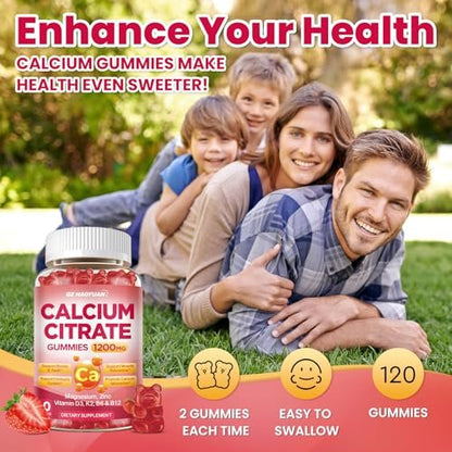 Calcium Citrate Gummies - 1200mg Calcium Gummies für Frauen und Männer mit Vitamin D3, K2, Magnesium, Zink - Hoch absorbierbar für Knochen-, Muskel- und Immununterstützung, Erdbeergeschmack, 120 Stück