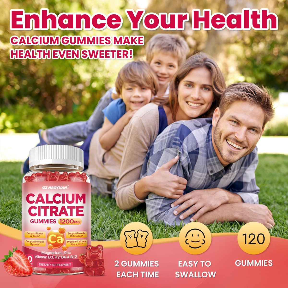 Calcium Citrate Gummies - 1200mg Calcium Gummies für Frauen und Männer mit Vitamin D3, K2, Magnesium, Zink - Hoch absorbierbar für Knochen-, Muskel- und Immununterstützung, Erdbeergeschmack, 120 Stück