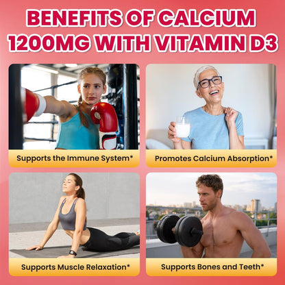 Calcium Citrate Gummies - 1200mg Calcium Gummies für Frauen und Männer mit Vitamin D3, K2, Magnesium, Zink - Hoch absorbierbar für Knochen-, Muskel- und Immununterstützung, Erdbeergeschmack, 120 Stück
