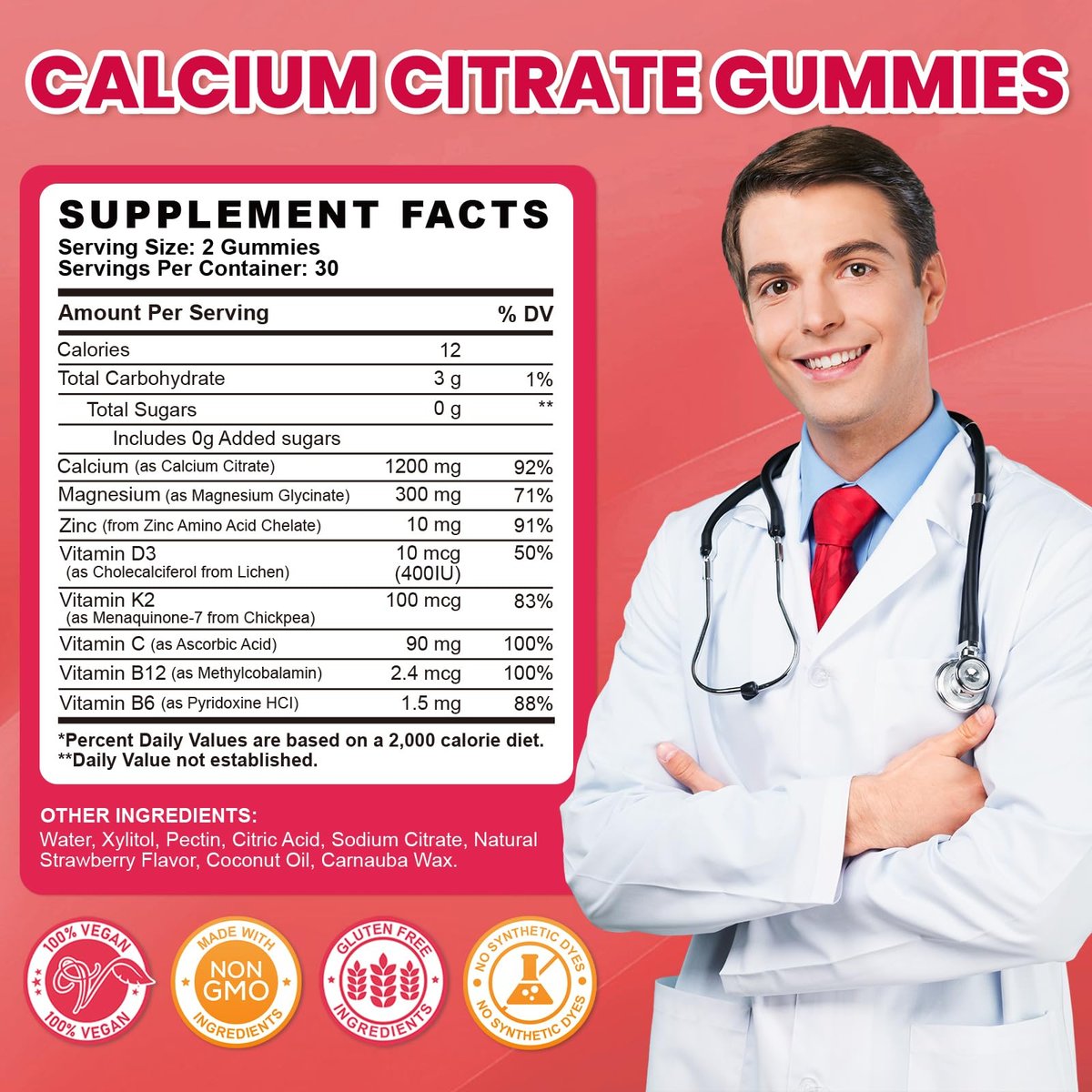 Calcium Citrate Gummies - 1200mg Calcium Gummies für Frauen und Männer mit Vitamin D3, K2, Magnesium, Zink - Hoch absorbierbar für Knochen-, Muskel- und Immununterstützung, Erdbeergeschmack, 120 Stück