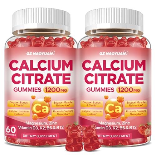 Calcium Citrate Gummies - 1200mg Calcium Gummies für Frauen und Männer mit Vitamin D3, K2, Magnesium, Zink - Hoch absorbierbar für Knochen-, Muskel- und Immununterstützung, Erdbeergeschmack, 120 Stück