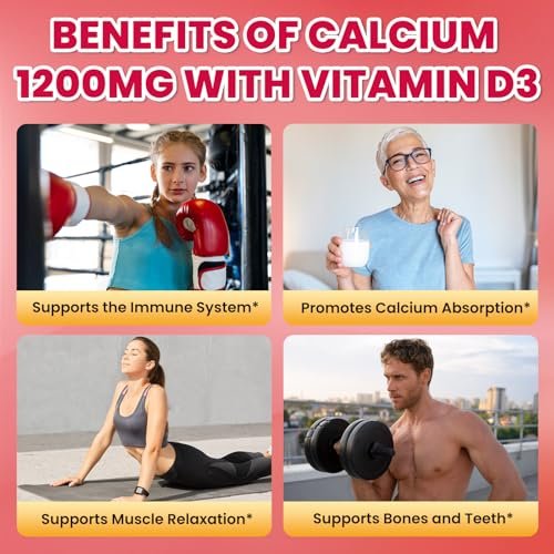 Calcium Citrate Gummies - 1200mg Calcium Gummies für Frauen und Männer mit Vitamin D3, K2, Magnesium, Zink - Hoch absorbierbar für Knochen-, Muskel- und Immununterstützung, Erdbeergeschmack, 120 Stück
