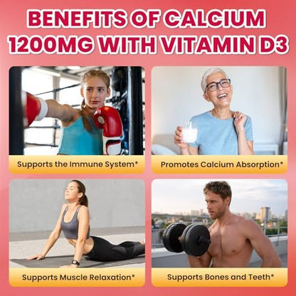 Calcium Citrate Gummies - 1200mg Calcium Gummies für Frauen und Männer mit Vitamin D3, K2, Magnesium, Zink - Hoch absorbierbar für Knochen-, Muskel- und Immununterstützung, Erdbeergeschmack, 120 Stück