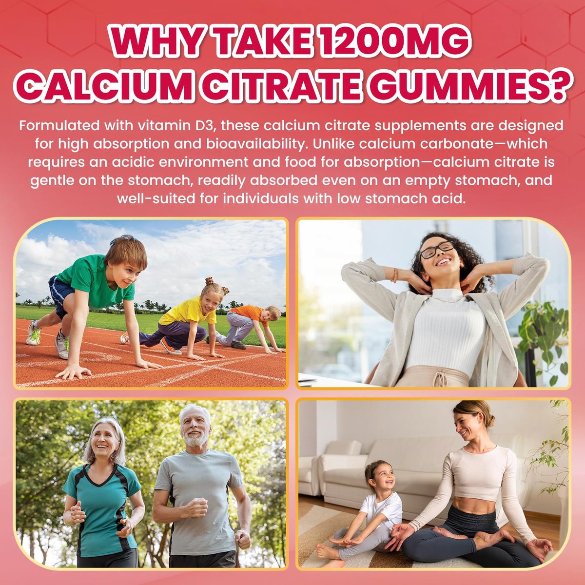 Calcium Citrate Gummies - 1200mg Calcium Gummies für Frauen und Männer mit Vitamin D3, K2, Magnesium, Zink - Hoch absorbierbar für Knochen-, Muskel- und Immununterstützung, Erdbeergeschmack, 120 Stück