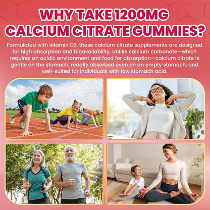 Calcium Citrate Gummies - 1200mg Calcium Gummies für Frauen und Männer mit Vitamin D3, K2, Magnesium, Zink - Hoch absorbierbar für Knochen-, Muskel- und Immununterstützung, Erdbeergeschmack, 120 Stück